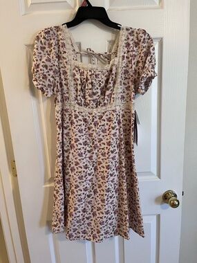 Lace Trim Smocked Floral Dress - Cream with Purple Floral